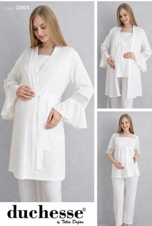 Duchesse 3005 Ekru 3 Lü Hamile Lohusa Pijama Sabahlık Tk