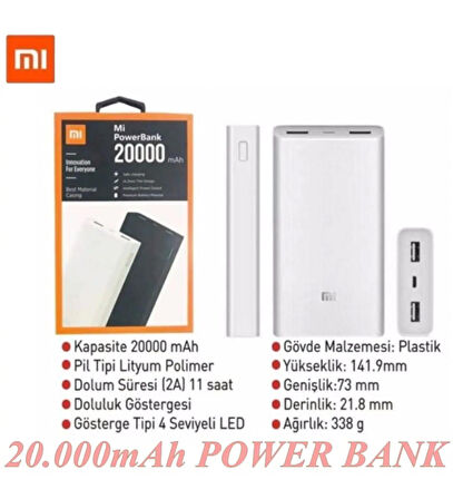 DTS Teknoloji Xiaomi Mi 20000 mAh  Uyumlu Hızlı Şarj Powerbank Beyaz