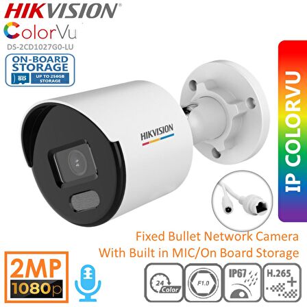 HIKVISION Bullet DS-2CD1027G0-LUF Gece Renkli PoE 2MP IP Sesli Kamera ColorVu H.265+IP67