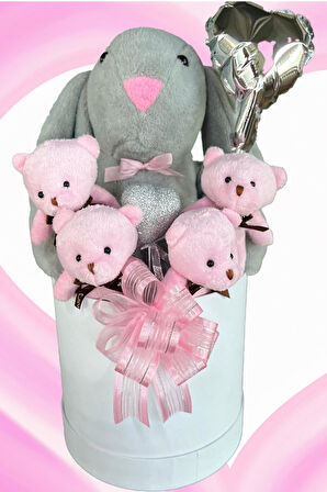 SOLE Premium Özel Kutusunda; 45 cm Gri Bunny Tavşan, Simli Kalp 4 Pembe Ayıcık ve Kalp Balonlu Buket