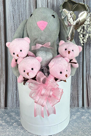 SOLE Premium Özel Kutusunda; 45 cm Gri Bunny Tavşan, Simli Kalp 4 Pembe Ayıcık ve Kalp Balonlu Buket