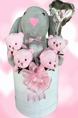 SOLE Premium Özel Kutusunda; 45 cm Gri Bunny Tavşan, Simli Kalp 4 Pembe Ayıcık ve Kalp Balonlu Buket