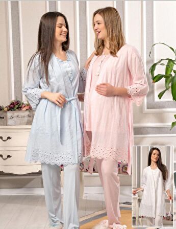 Bone Club 5814 PEMBE Vual Penye Hamile Lohusa 3 Lü Pijama Sabahlık Tk