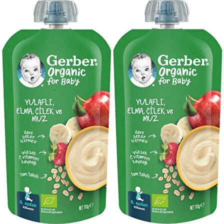 Gerber Organic Yulaflı Elma, Çilek ve Muz Püresi 110g​ x 2 Adet