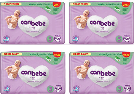 Canbebe Bebek Bezi Fırsat Paketi 3 Beden Midi (4-9 kg) 56 lı x 4 Adet