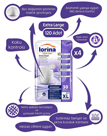Lorina Plus Emici Külot Extra Büyük Boy 30 lu x 4 Adet
