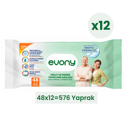 Evony Vücut ve Perine Temizleme Havlusu 48 li x 12 Adet