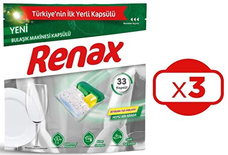 Renax Bulaşık Makinesi Kapsülü Hepsi Bir Arada 33 lü x 3 Adet