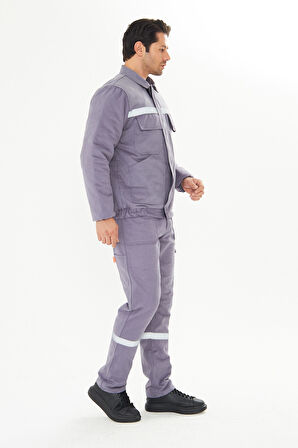 Orange Safety İş Takımı Mont+Pantolon  7/7 Gabardin %100 Pamuk Kapitoneli Reflektörlü Gri