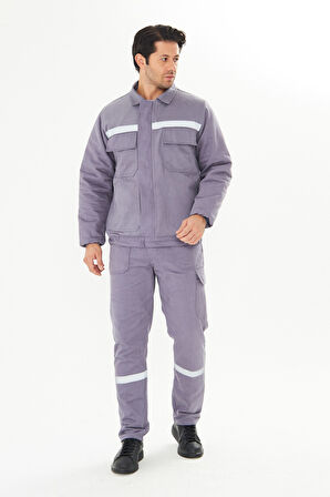 Orange Safety İş Takımı Mont+Pantolon  7/7 Gabardin %100 Pamuk Kapitoneli Reflektörlü Gri