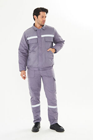 Orange Safety İş Takımı Mont+Pantolon  7/7 Gabardin %100 Pamuk Kapitoneli Reflektörlü Gri