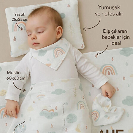 %100 Müslin Pamuk Hastane Çıkış Seti | 3 Parça | Yastık 25x25,Örtü 60x60,Fular 20x20 | Unisex Desen
