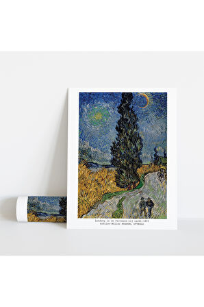 Dekoratif Çerçevesiz Poster Selvili ve Yıldızlı Yol Vincent van Gogh