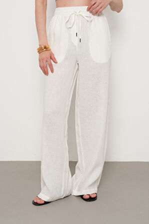 KADIN %100 KETEN BOL PAÇA DÜZ RENK PANTOLON