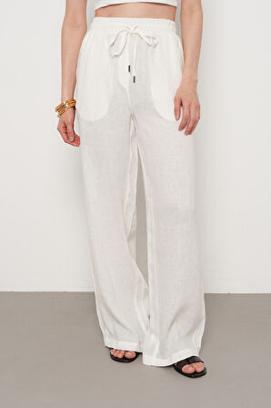 KADIN %100 KETEN BOL PAÇA DÜZ RENK PANTOLON