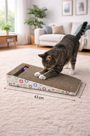 Rampalı Kedi Tırmalama Kartonu Oyuncak Top Hazneli – 43×20×8 cm | Kedi Nanesi Hediyeli