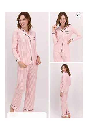 Kadın Pembe Çizgili  Önden Düğmeli  Pijama Takımı .P.İ.E..R.O.Z..8..E.L.T.7.