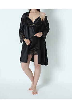 Kadın Siyah Saten Çeyiz Seti 6 Parça Dantelli Sabahlık Gecelik Pijama Şortlu Takım R.O.Z.8.6.E.LT.A