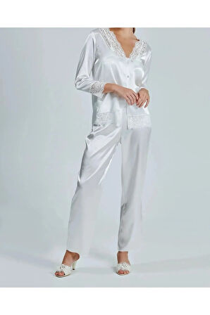 Kadın Ekru Saten Çeyiz Seti 6 Parça Sabahlık Gecelik Pijama Şortlu Takım .R.O.Z.2.0.A.L.S.E.L.T