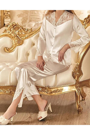 Kadın Ekru Sabahlıklı Şortlu Pijama 6'lı Saten Çeyiz Seti  N.UR.6.6.R.O.9.2.Z.E.L.T.