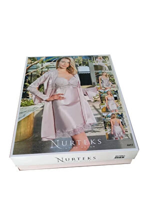 Kadın Ekru Sabahlıklı Şortlu Pijama 6'lı Saten Çeyiz Seti  N.UR.6.6.R.O.9.3.Z.E.L.T.