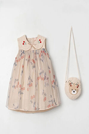 Kız Çocuk Bej Kiraz Desenli Tütülü Ayıcık Desen Çantalı Elbise