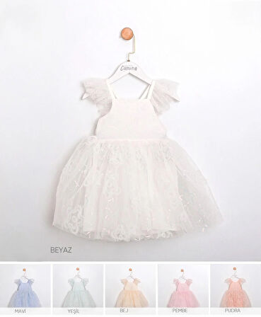 Kız Çocuk Pudra Yıldız Pul Desenli Tüllü Elbise