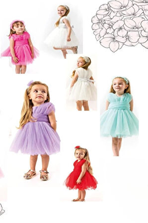 Kız Çocuk Beyaz Tül Abiye İnçili Çiçek Taçlı Tül Elbise