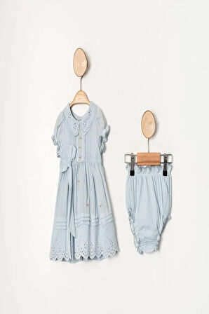 Kız Bebek Mavi Çiçek İşlemeli Fistolu Elbise Kilotlu Takım