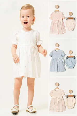 Kız Bebek Pudra Puantiye İşlemeli Kurdeleli Elbise Kilotlu Takım