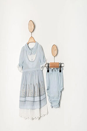 Kız Bebek Mavi Çiçek İşlemeli Fistolu Elbise Kilotlu Takım