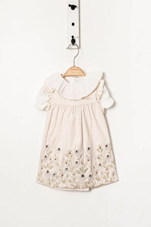 Kız Bebek Bej Çiçek İşlemeli Elbise  Fırfıtlı Yaka Gömlekli  Takım