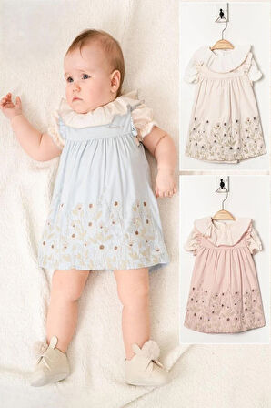 Kız Bebek Bej Çiçek İşlemeli Elbise  Fırfıtlı Yaka Gömlekli  Takım