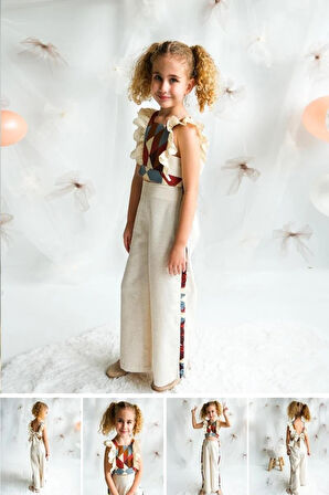 Kız Çocuk Bej Fırfırlı Pantalonlu Takım