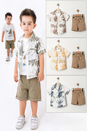 3'lü Erkek Çocuk Kahve Yaprak Desenli Gömlek Tişört Sortlu Takım