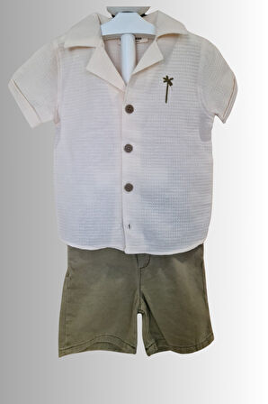 2'li Erkek Çocuk Krem Gömlek Yeşil Sortlu Takım