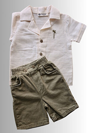 2'li Erkek Çocuk Krem Gömlek Yeşil Sortlu Takım