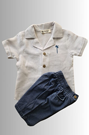 2'li Erkek Çocuk Krem Gömlek Mavi Sortlu Takım