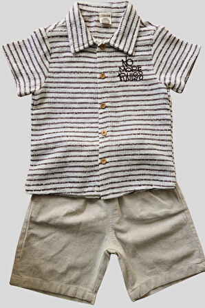 2'li Erkek Çocuk Kahve Çizgili Desenli Gömlek Bej Sortlu Keten Takım