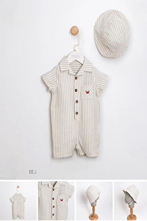 2'li Erkek Bebek Mavi Çizgili Desenli Tulum Şapkalı Takım