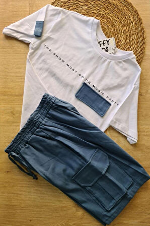 2'li Erkek Çocuk Beyaz Tişört Mavi Şortlu Takım