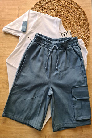 2'li Erkek Çocuk Beyaz Tişört Mavi Şortlu Takım