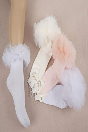 1'li Kız Çocuk Fırfır Detaylı Beyaz Soket Çorap