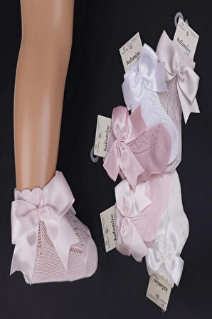 3'lü Kız Bebek Kurdele Fiyonk Detaylı Pembe Ekru Beyaz Soket Çorap