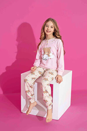 Kız Çocuk Ayıcık Desenli Uzun Kollu Pijama Takımı