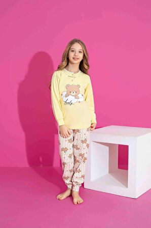 Kız Çocuk Ayıcık Desenli Uzun Kollu Pijama Takımı