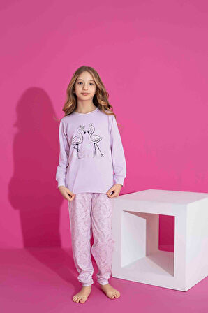 Kız Çocuk Kuğu Desenli Uzun Kollu Pijama Takımı