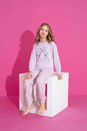 Kız Çocuk Kuğu Desenli Uzun Kollu Pijama Takımı