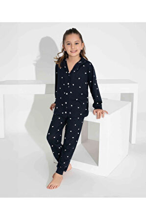 Kız Çocuk Kalp Desenli Düğmeli Uzun Kollu  Pijama Takımı