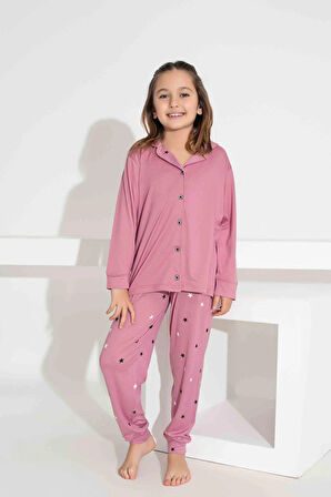 Kız Çocuk Yakası Kalp Desenli Düğmeli Uzun Kollu  Pijama Takımı